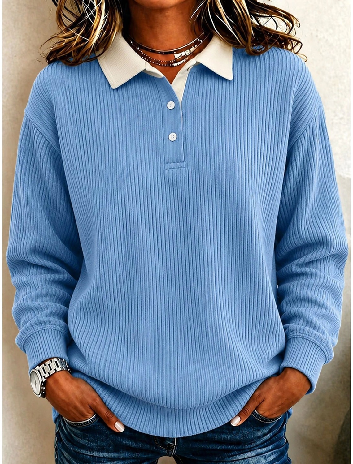 Women's Corduroy Texture Patchwork Polo Sweatshirt - Casual Contrast Collar Long Sleeve Pullover Tops