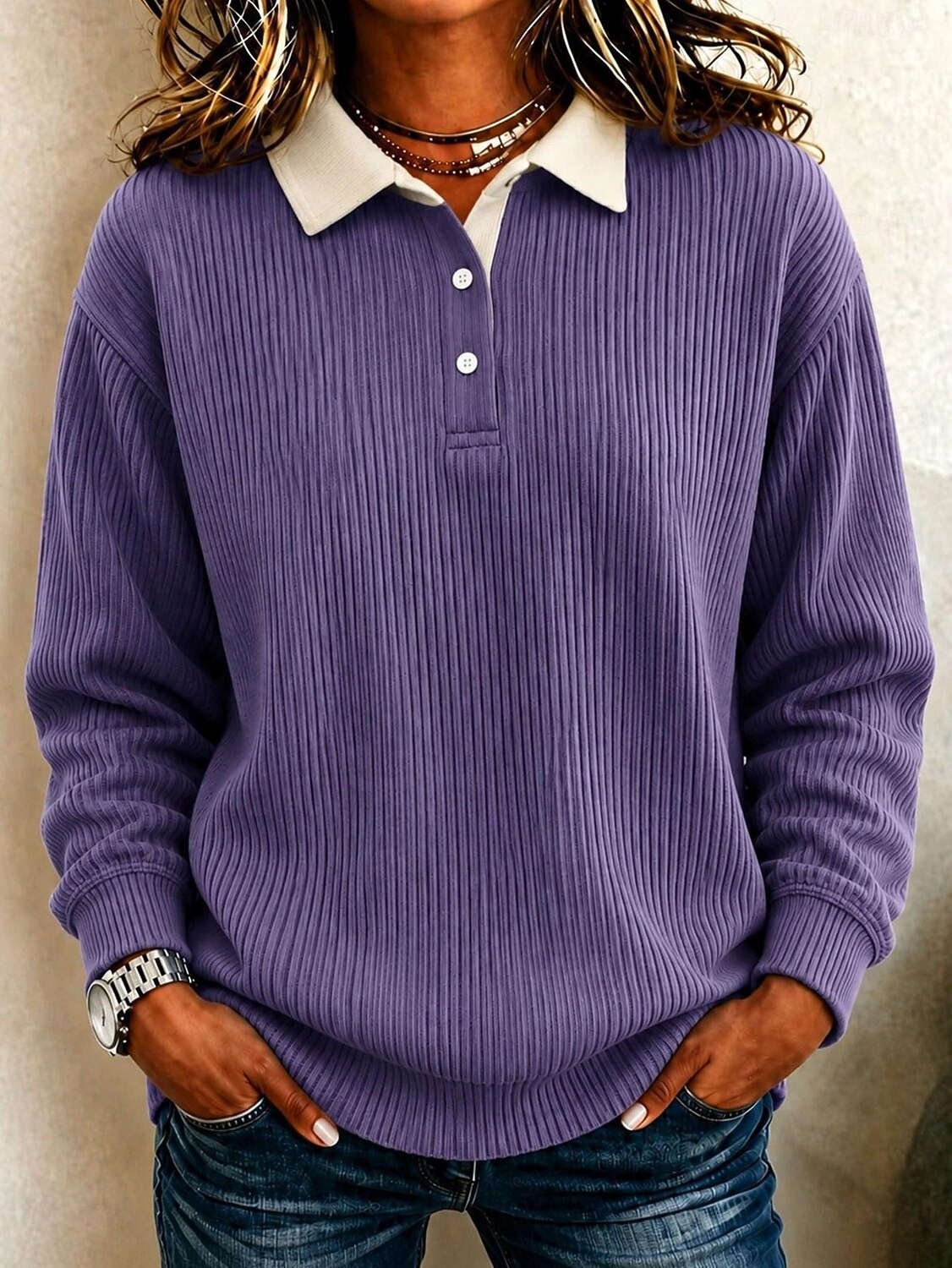 Women's Corduroy Texture Patchwork Polo Sweatshirt - Casual Contrast Collar Long Sleeve Pullover Tops