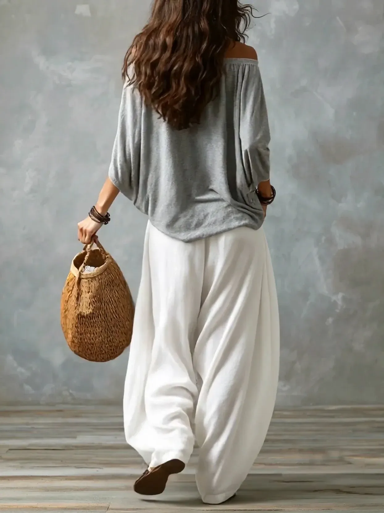 White Off-the-shoulder Top And Loose-fitting Lantern Pants Set