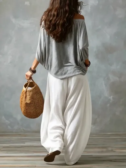 White Off-the-shoulder Top And Loose-fitting Lantern Pants Set