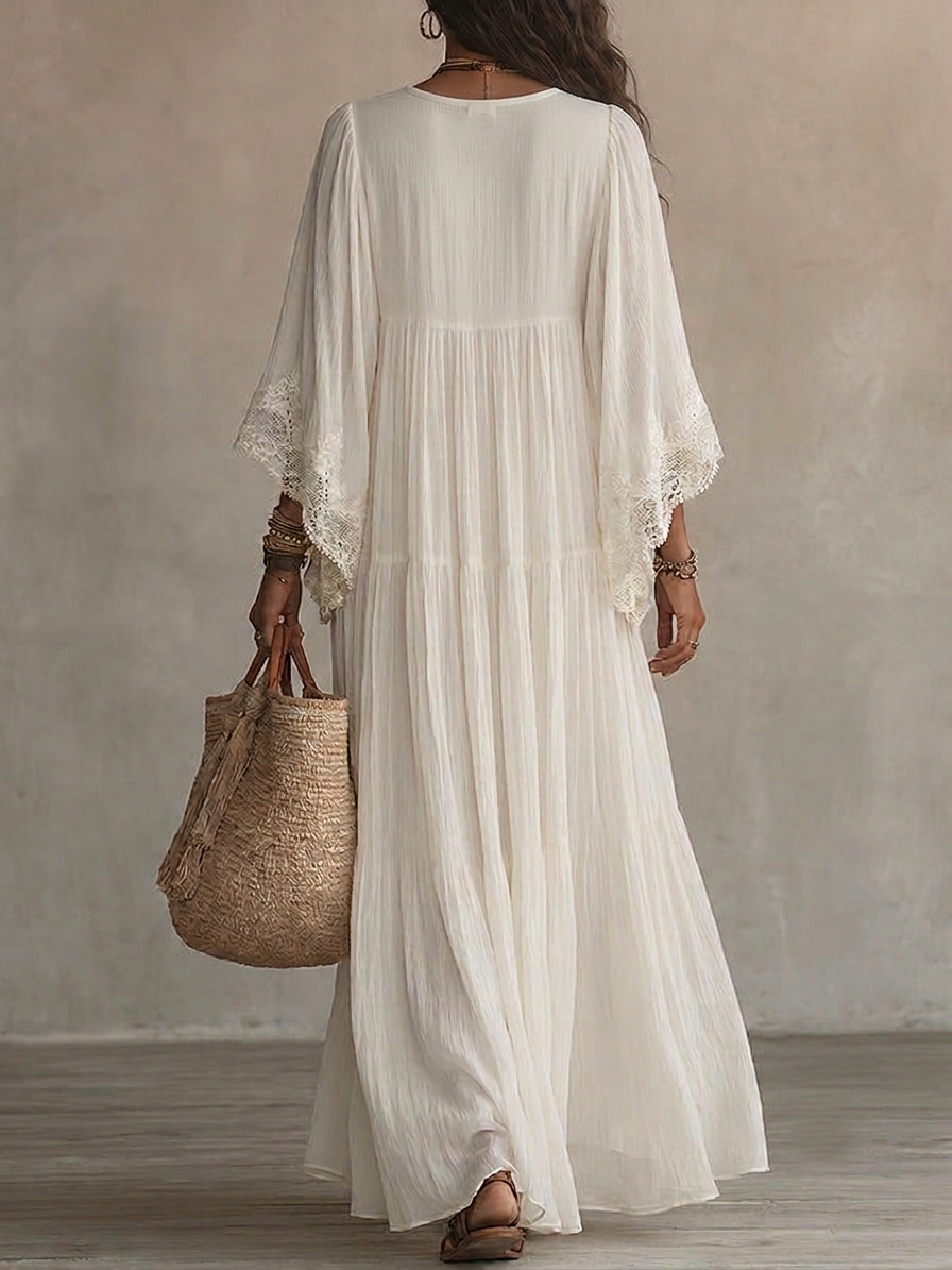 Lace V-neck Batwing Sleeve Chiffon Maxi Dress