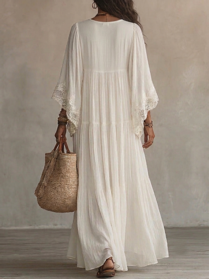 Lace V-neck Batwing Sleeve Chiffon Maxi Dress