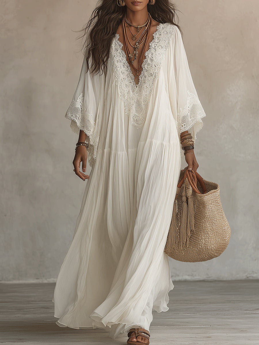 Lace V-neck Batwing Sleeve Chiffon Maxi Dress