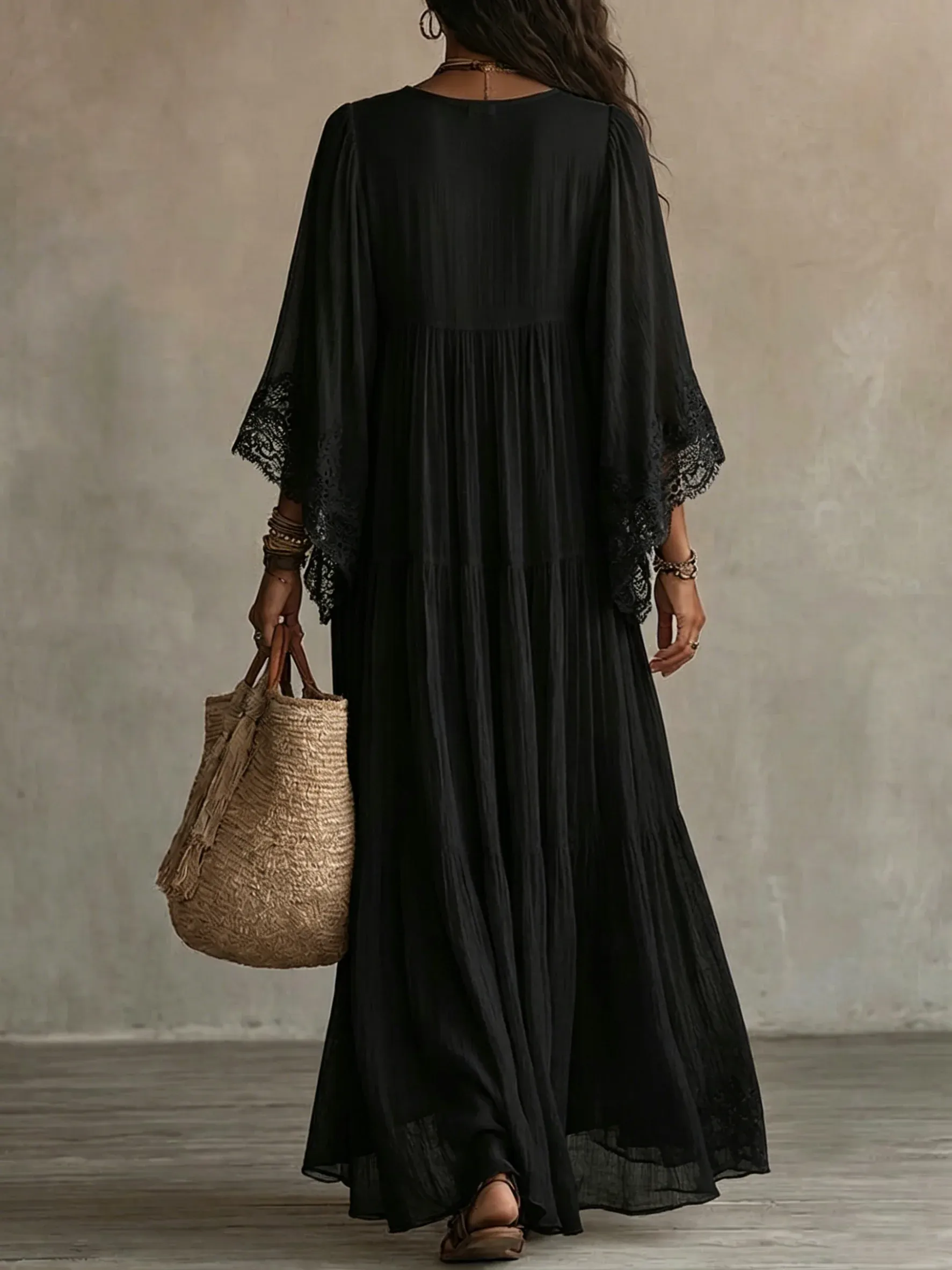 Lace V-neck Batwing Sleeve Chiffon Maxi Dress