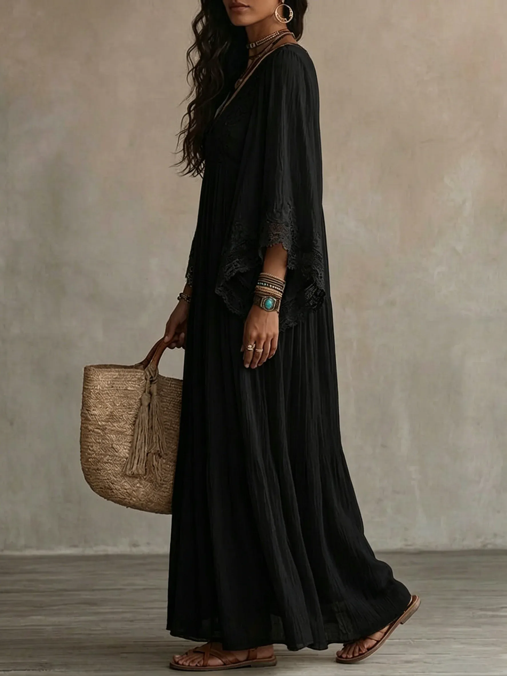 Lace V-neck Batwing Sleeve Chiffon Maxi Dress