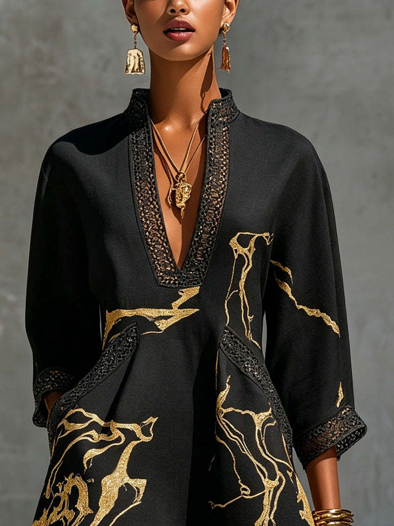 Black Gold Printed V-neck Crochet Lace Mini Dress