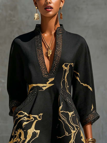 Black Gold Printed V-neck Crochet Lace Mini Dress