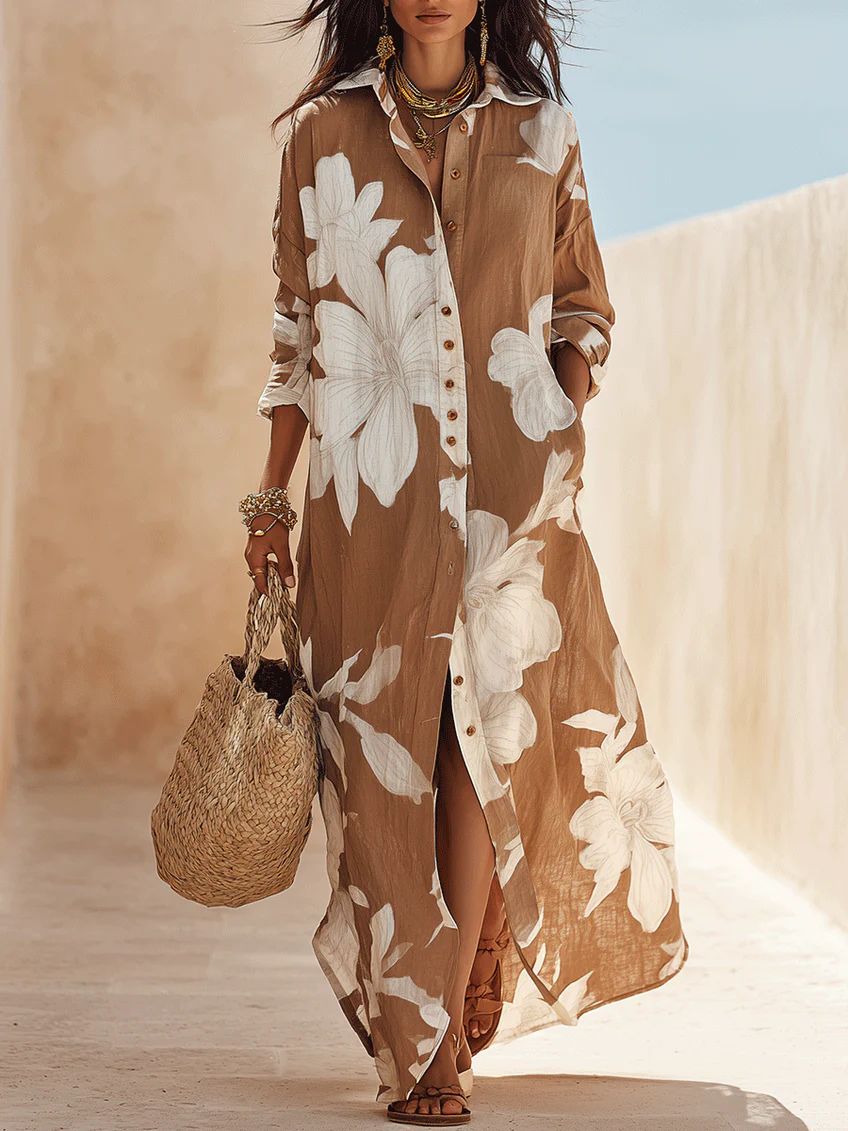 White Floral Print Vacation Maxi Shirt Dress