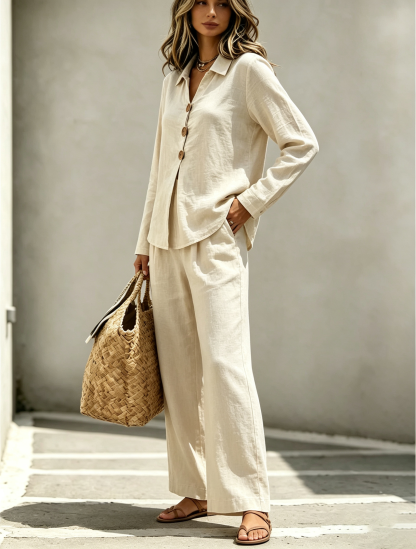 Casual Loose Fit Collared Long Sleeve Blouse Trouser Set 2PCS