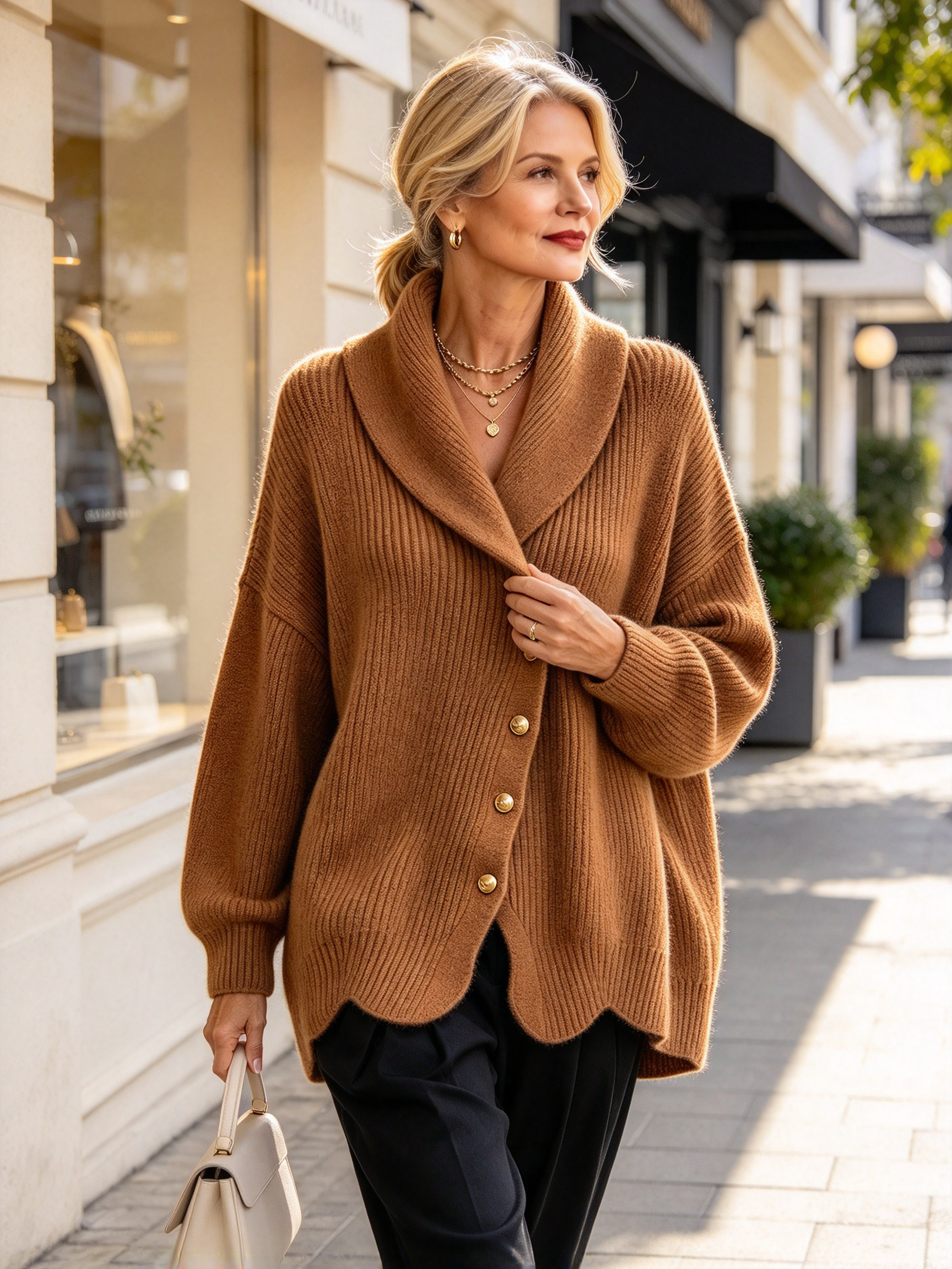 Women's Asymmetric Shawl Collar Knit Cardigan - Loose Gold Button Ribbed Sweater Jacket