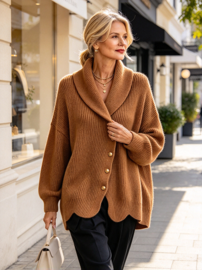 Women's Asymmetric Shawl Collar Knit Cardigan - Loose Gold Button Ribbed Sweater Jacket