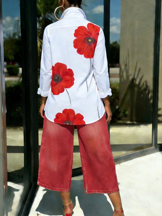 50% OFF Casual Floral  Print Shirt and Distressed Denim Pants Set