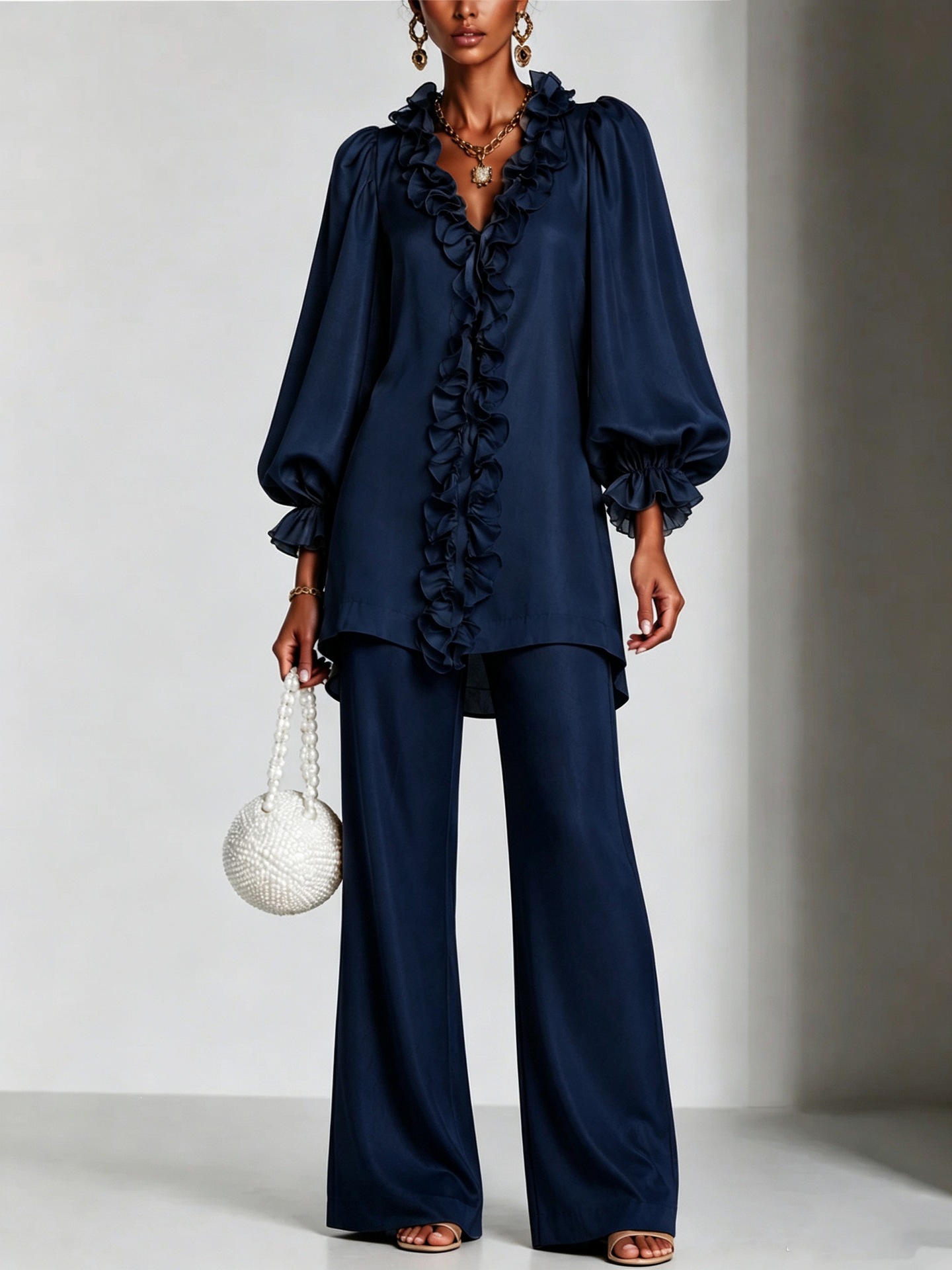 Elegant Satin Ruffle Two-Piece Set – V-Neck Long Sleeve Tunic Top & Wide Leg Pants