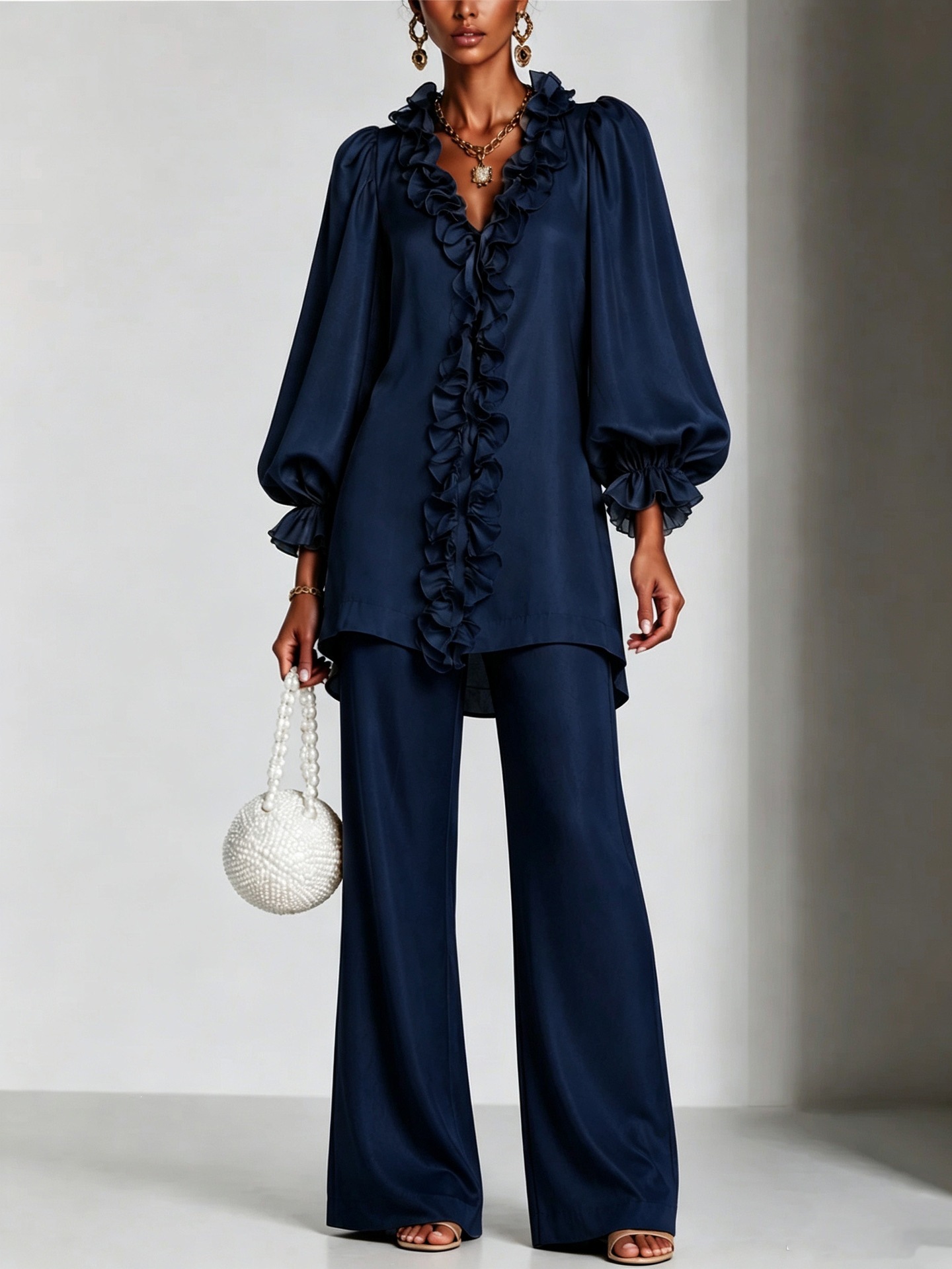 Elegant Satin Ruffle Two-Piece Set – V-Neck Long Sleeve Tunic Top & Wide Leg Pants