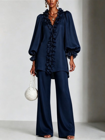 Elegant Satin Ruffle Two-Piece Set – V-Neck Long Sleeve Tunic Top & Wide Leg Pants