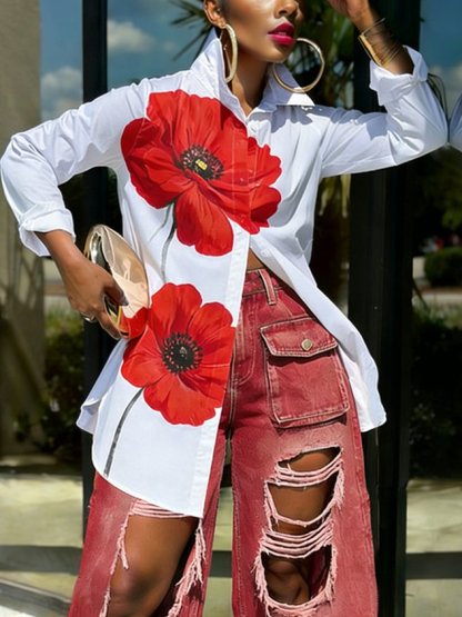 50% OFF Casual Floral  Print Shirt and Distressed Denim Pants Set