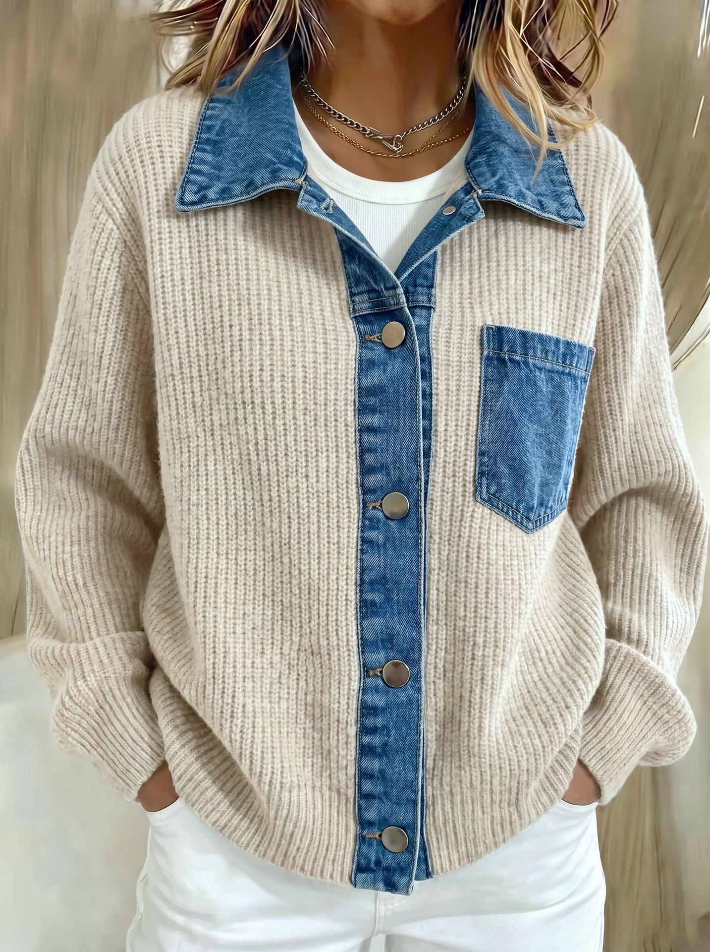 Women's Ribbed Knit Sweater With Contrast Denim Patchwork