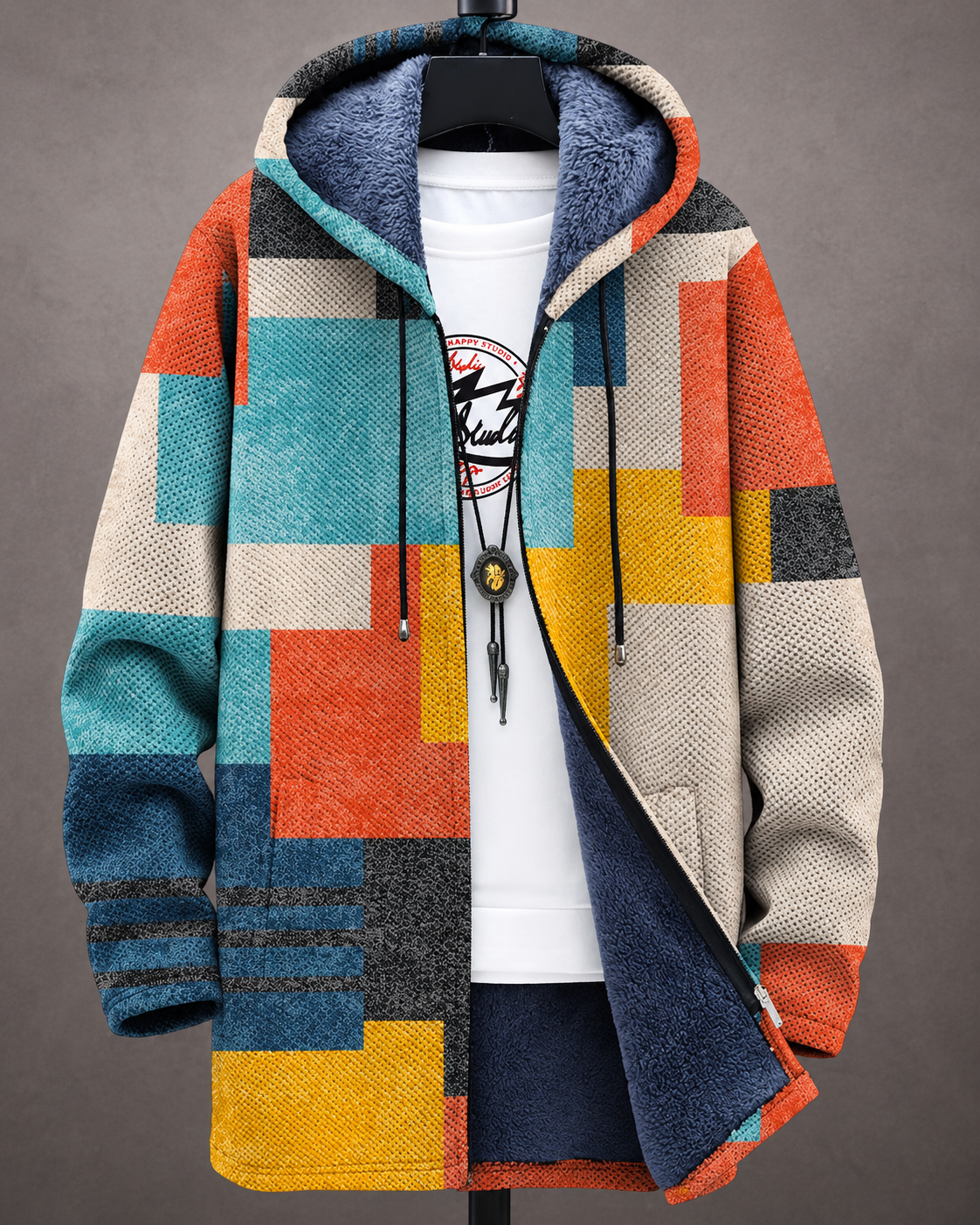 Geometric Plush Lined Hooded Jacket