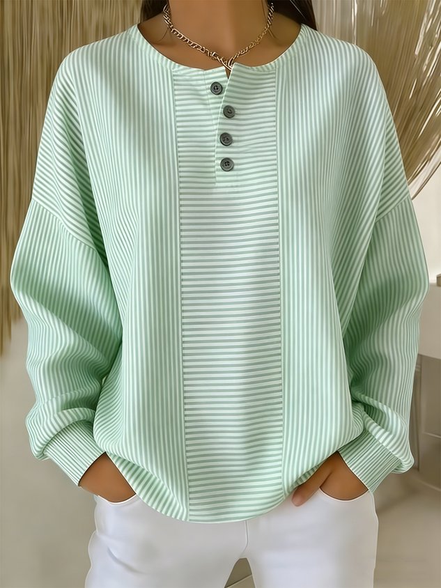Classic Striped Sweatshirt Comfort Fit Loose Long Sleeve Pullover Casual Elegant Crewneck Top