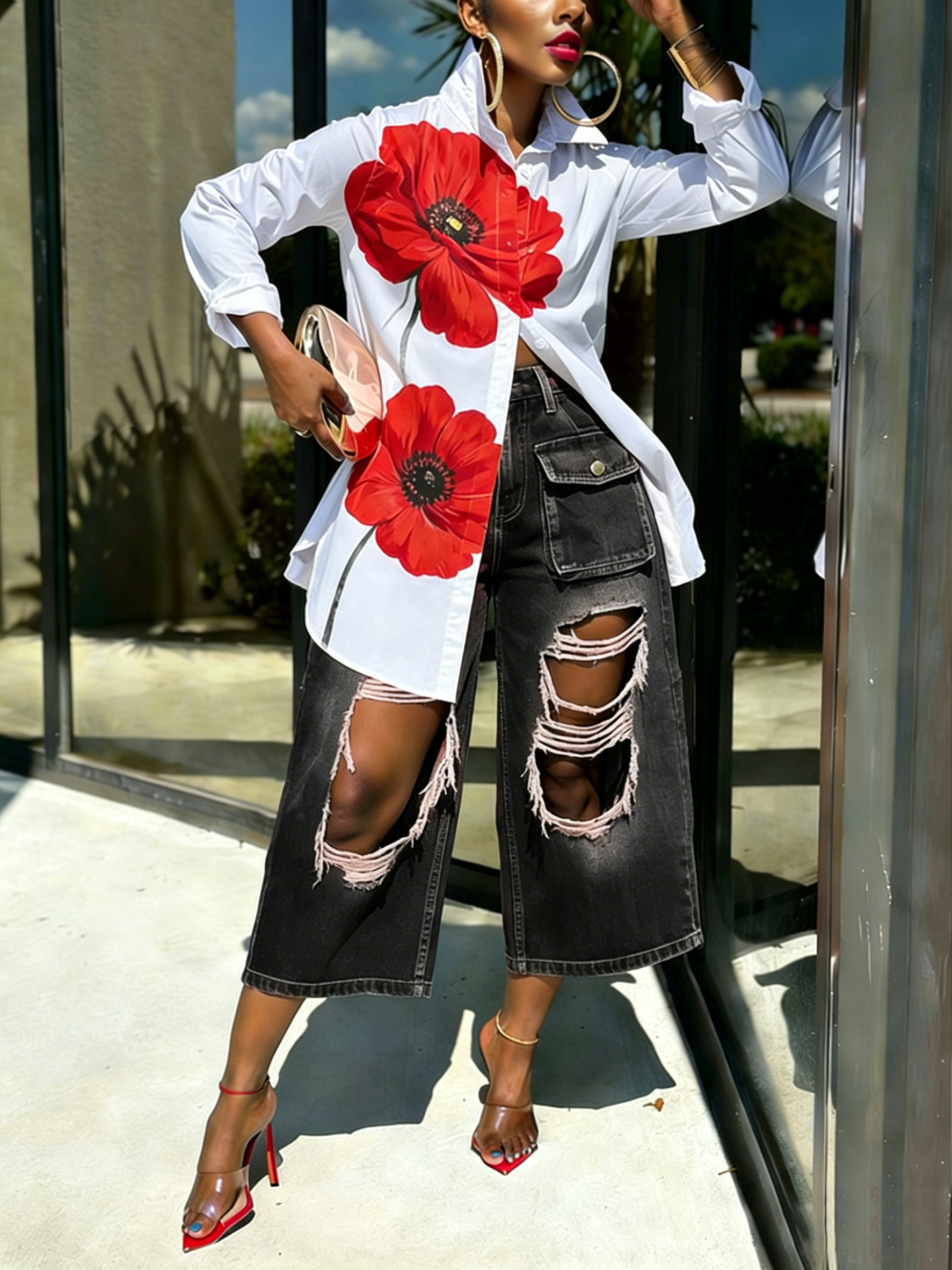 50% OFF Casual Floral  Print Shirt and Distressed Denim Pants Set