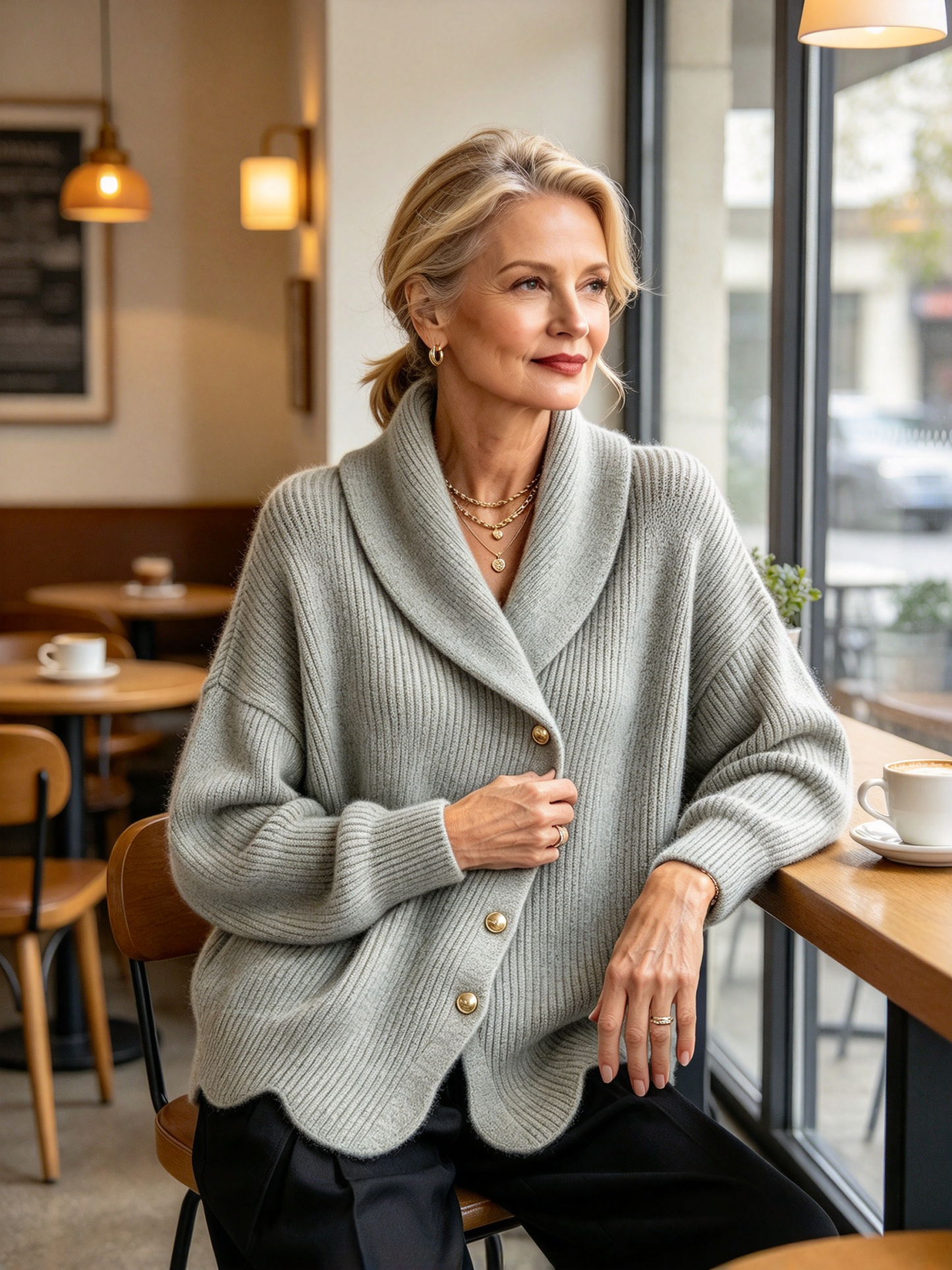 Women's Asymmetric Shawl Collar Knit Cardigan - Loose Gold Button Ribbed Sweater Jacket