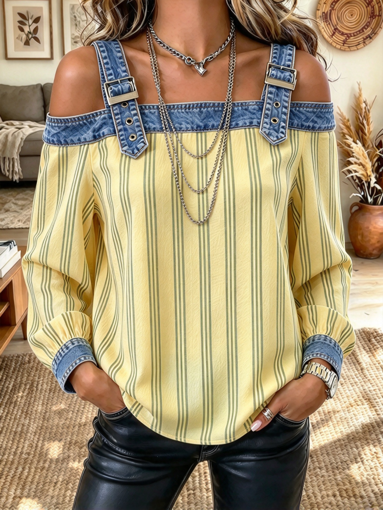 Women's Adjustable Strap Striped Long Sleeve Loose Casual Shirt