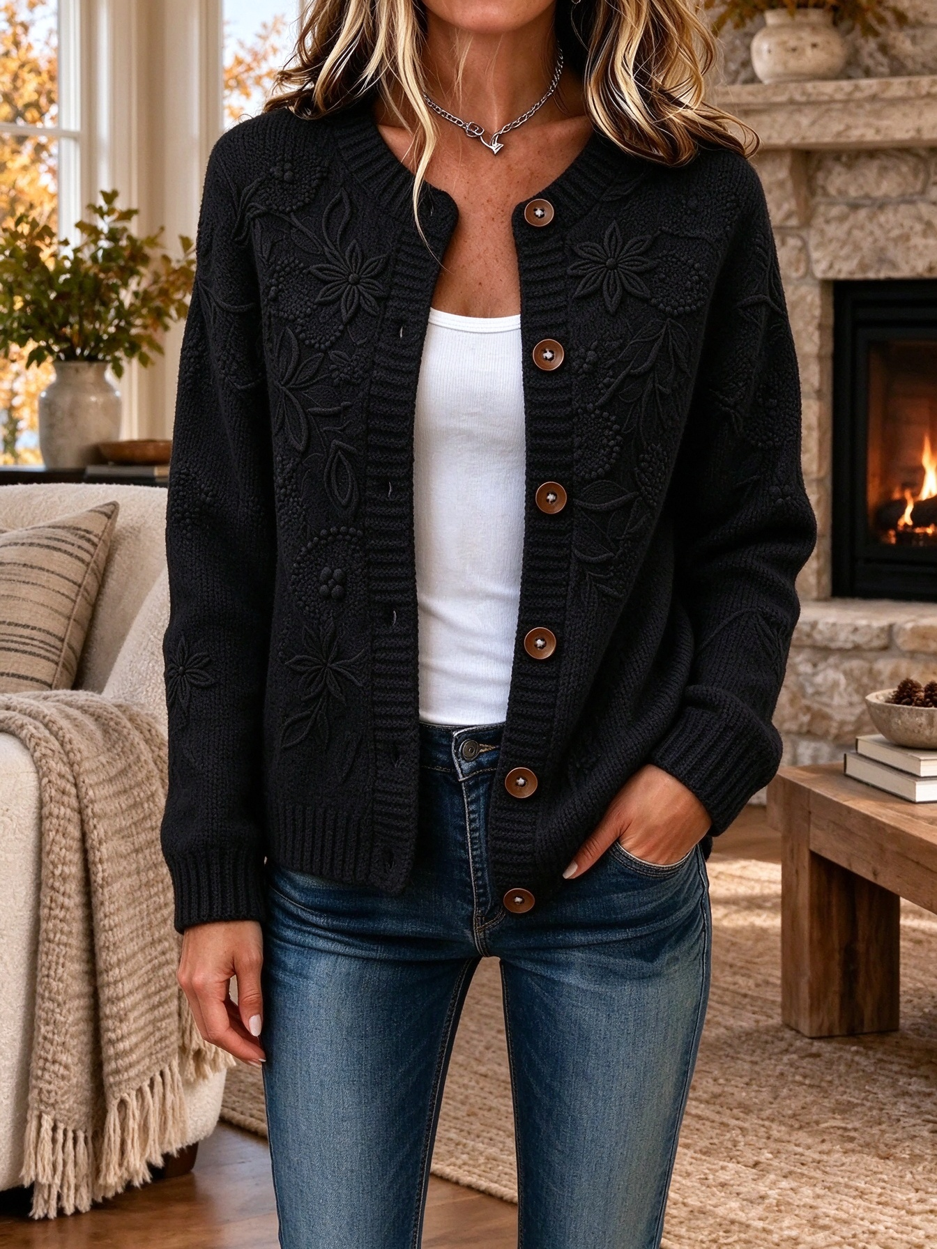 Women Floral Long Sleeve Crew Neck Casual Spring/Fall Cardigan Outerwear