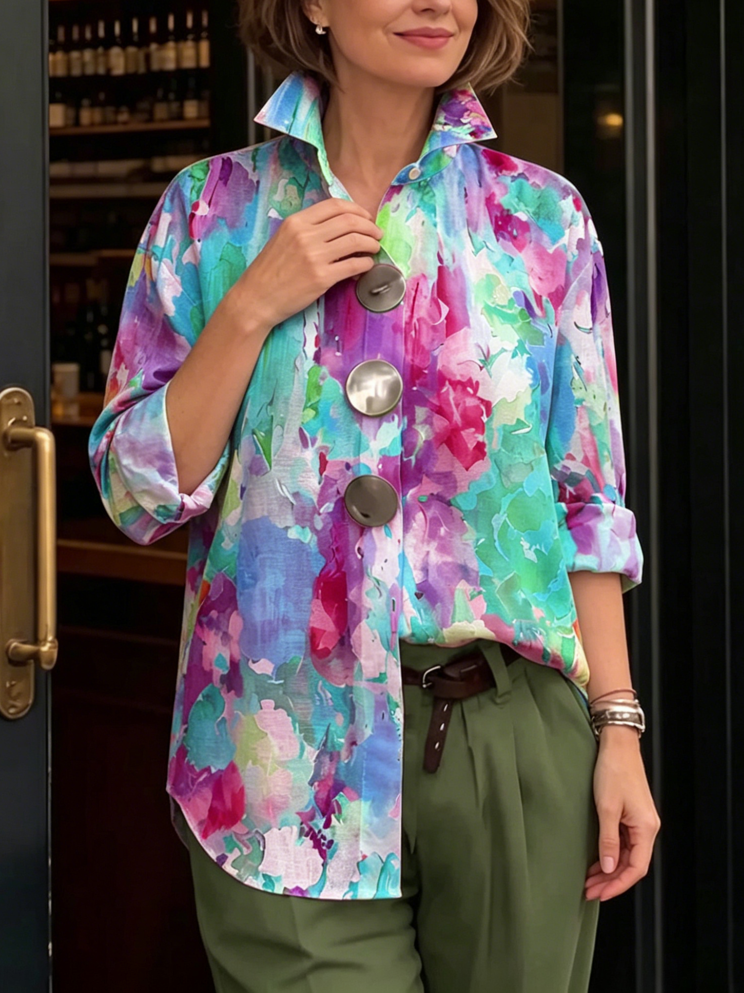 Artistic Watercolor Palette Print Metal-button Shirt