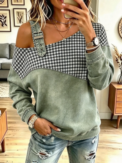 Vintage Plaid Pattern Denim Patchwork Art Casual Stylish Long Sleeve Top