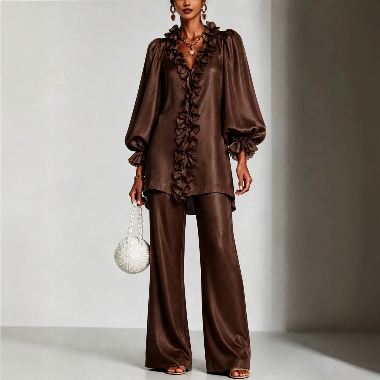 Elegant Satin Ruffle Two-Piece Set – V-Neck Long Sleeve Tunic Top & Wide Leg Pants