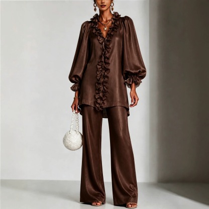 Elegant Satin Ruffle Two-Piece Set – V-Neck Long Sleeve Tunic Top & Wide Leg Pants