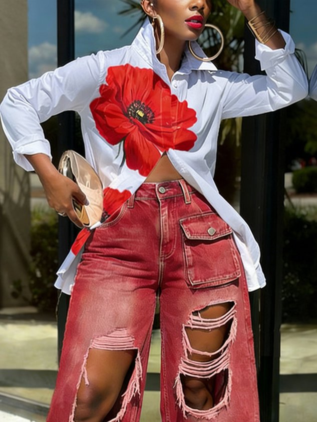 50% OFF Casual Floral  Print Shirt and Distressed Denim Pants Set