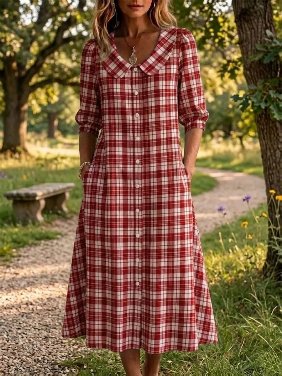 New Arrivals🔥 Women's Retro Peter Pan Collar Striped Cotton Linen Dress