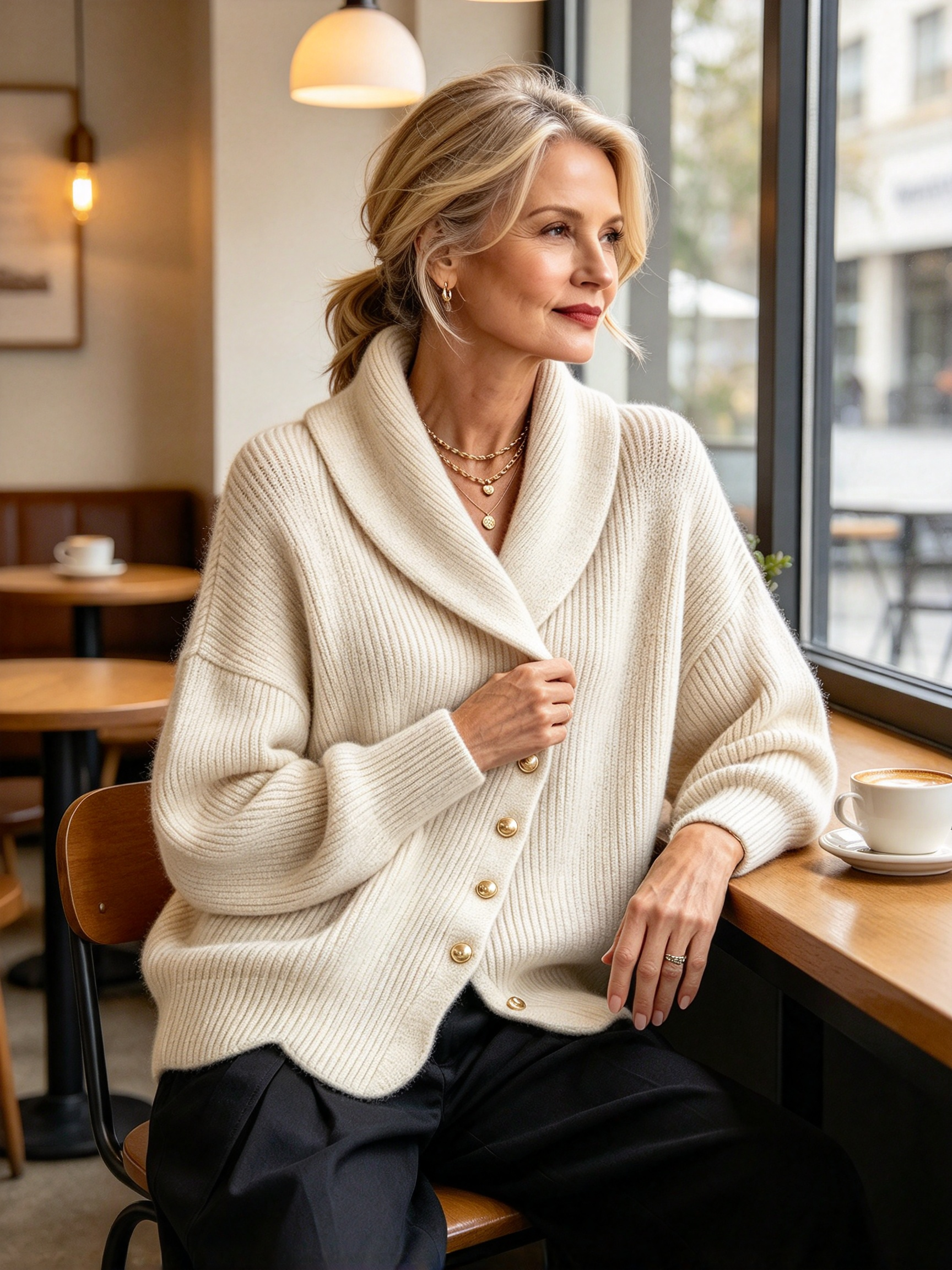 Women's Asymmetric Shawl Collar Knit Cardigan - Loose Gold Button Ribbed Sweater Jacket