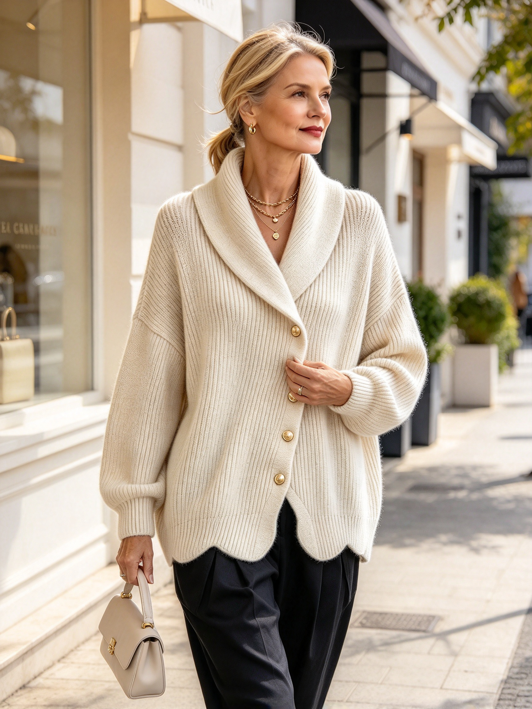 Women's Asymmetric Shawl Collar Knit Cardigan - Loose Gold Button Ribbed Sweater Jacket