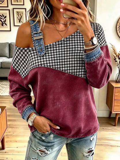 Vintage Plaid Pattern Denim Patchwork Art Casual Stylish Long Sleeve Top