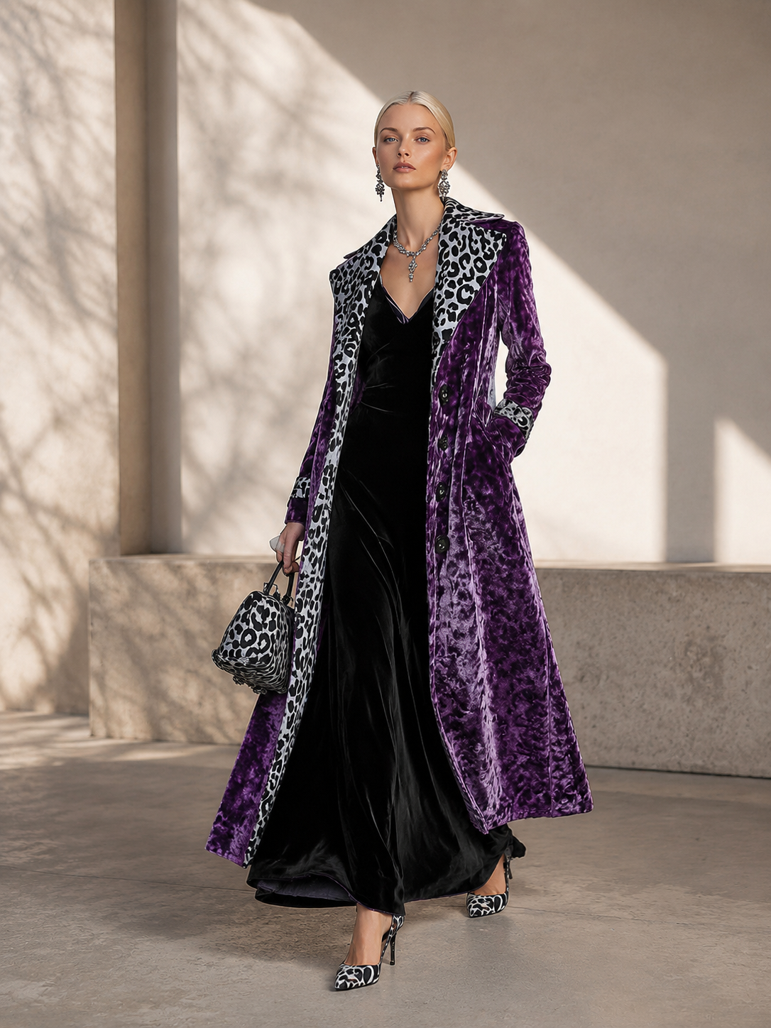 Women's Retro Velvet Long Coat With Leopard Print Color Block Lapel And Inner Panels Single-breasted Long Sleeve Trench Coat