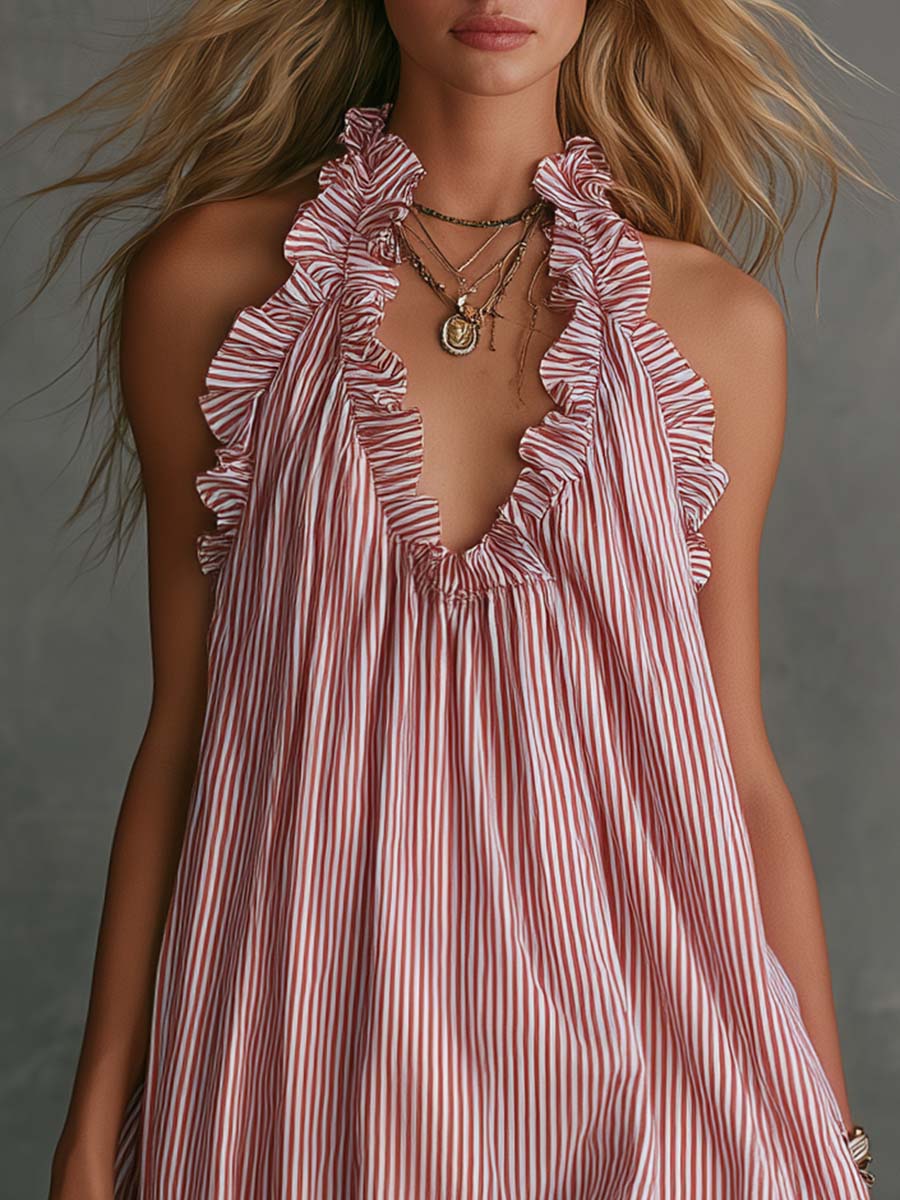 Retro Casual Fashion Ruffled V-Neck Striped Mini Dress