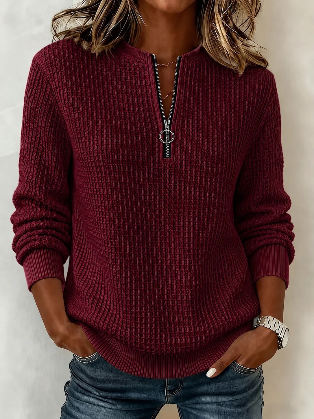 Women's Waffle Knit Long Sleeve Casual Solid Color Crew Neck Tops for Daily Vacation