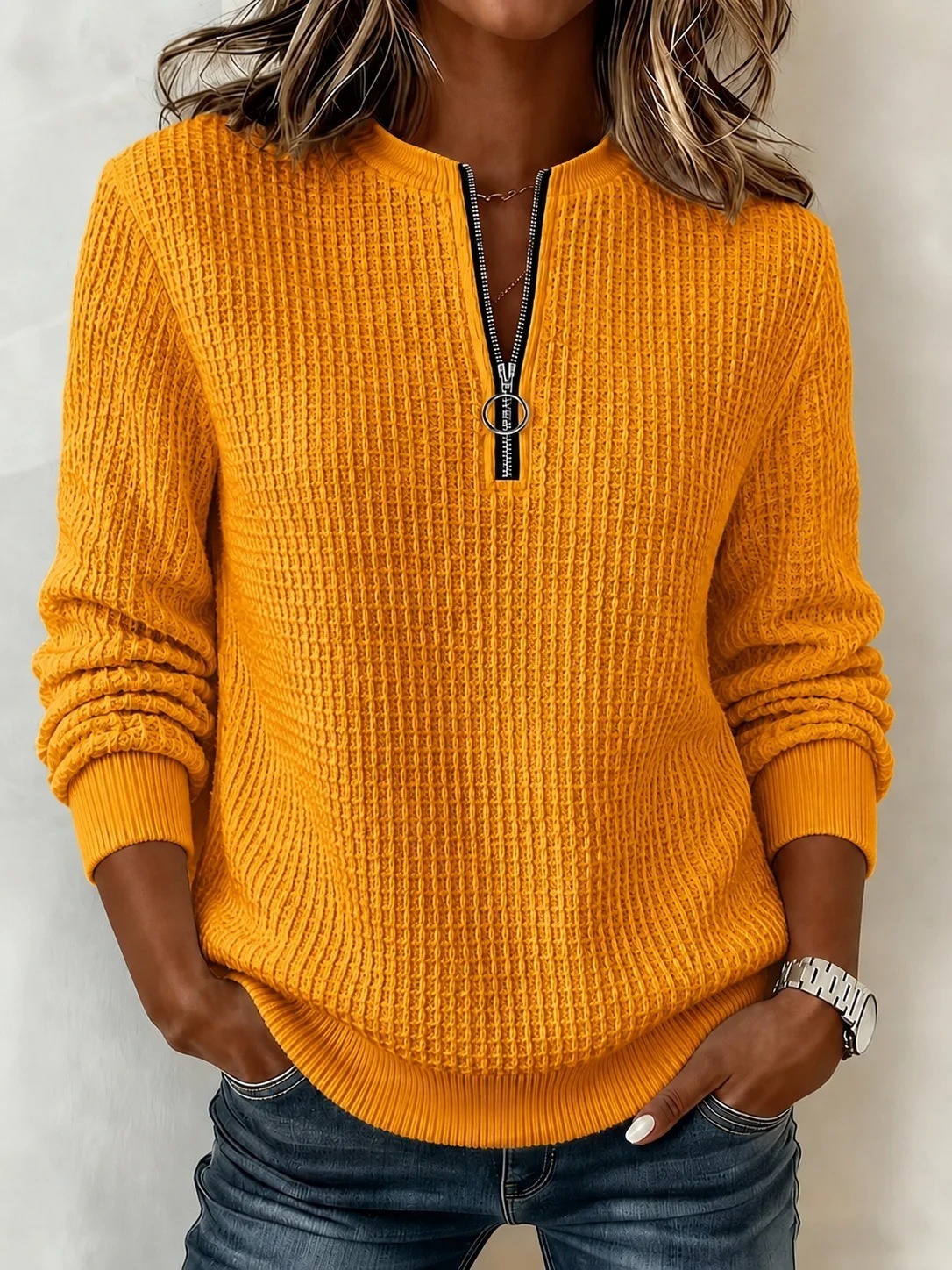 Women's Waffle Knit Long Sleeve Casual Solid Color Crew Neck Tops for Daily Vacation