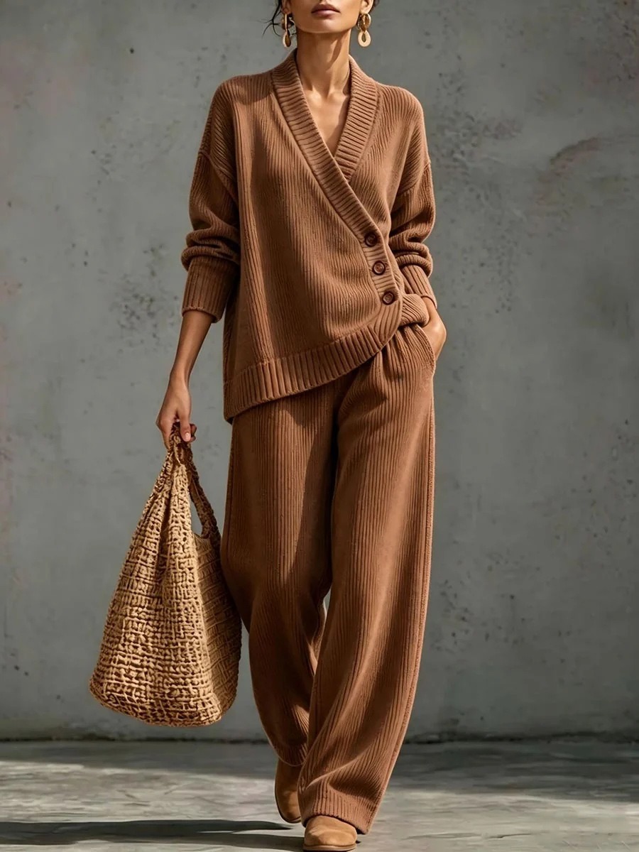 Women's Wrap V-Neck Knit Top & Wide Leg Pants Two Piece Loungewear Set
