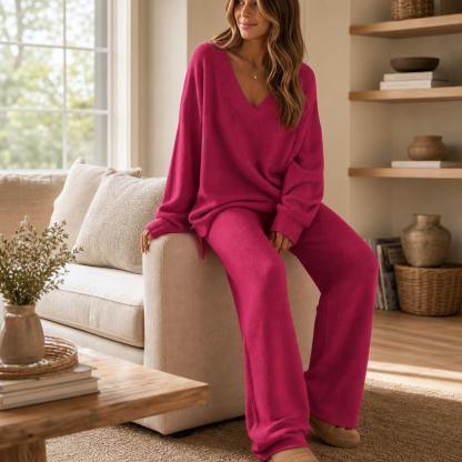 Vellora – V-Neck Knit Sweater And Wide-Leg Trouser Set