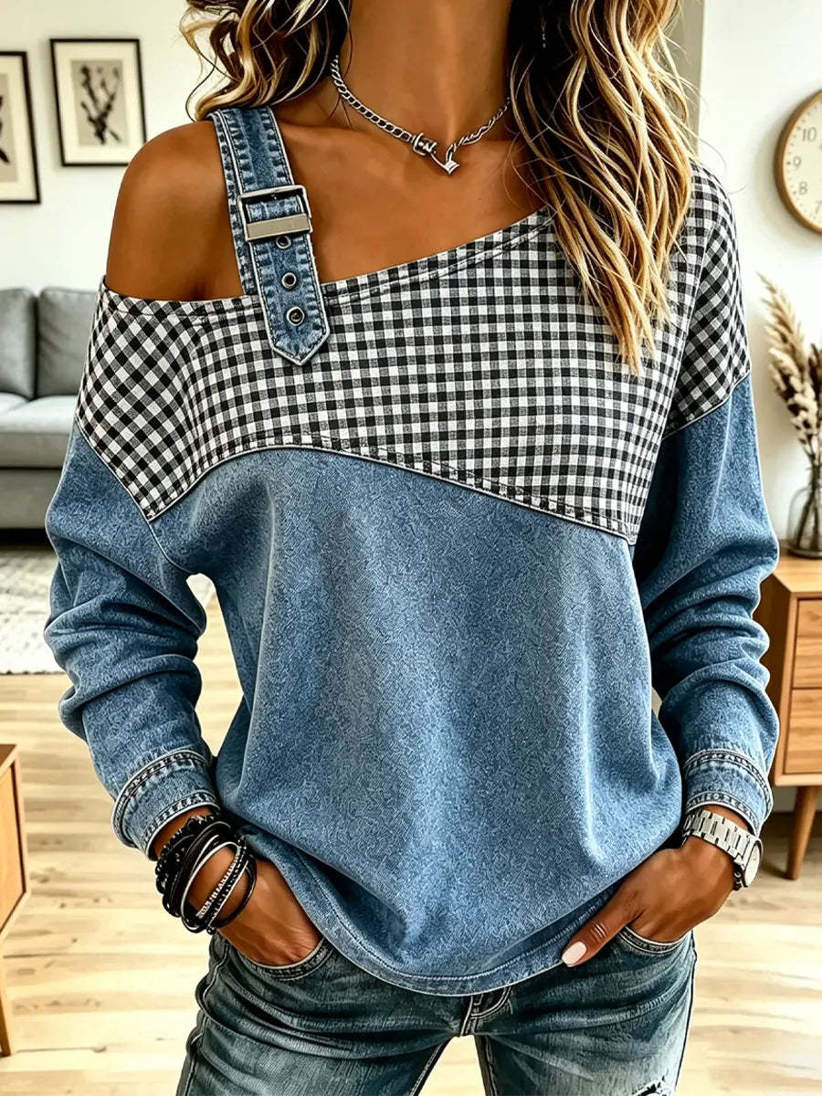 Vintage Plaid Pattern Denim Patchwork Art Casual Stylish Long Sleeve Top