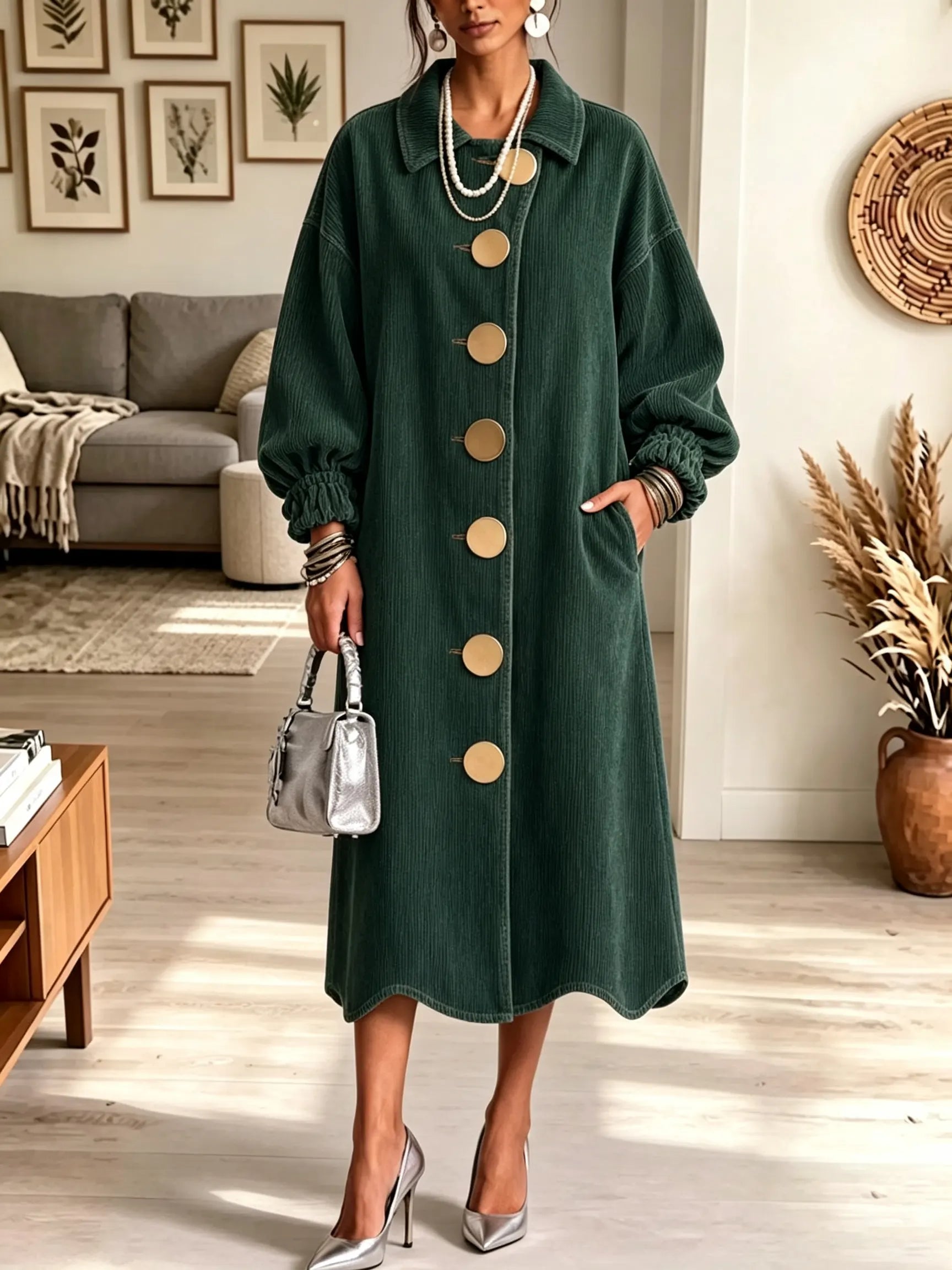 Women's Oversized Gold Button Long Coat Dress