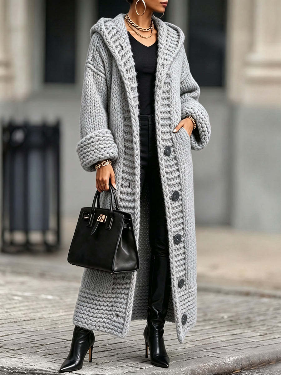Casual, Relaxed-fit, Long, Chunky-knit Hooded Cardigan