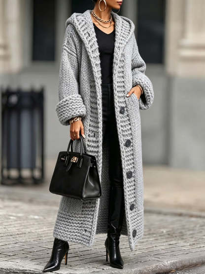 Casual, Relaxed-fit, Long, Chunky-knit Hooded Cardigan