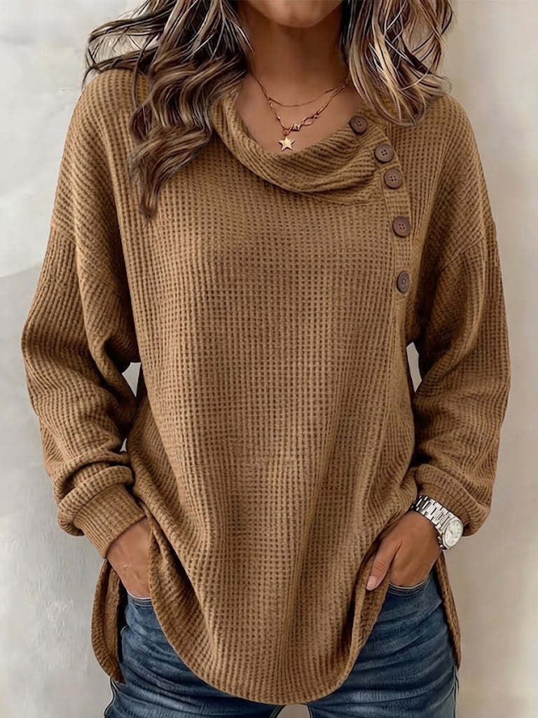 Women's Solid Color Waffle-knit Long-sleeve Button-down Casual Shirt / Comfortable Top