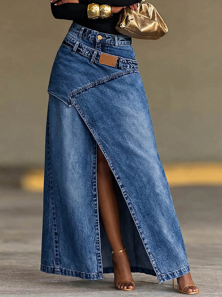 Women's Denim High Waisted Asymmetrical Slit Maxi Skirt