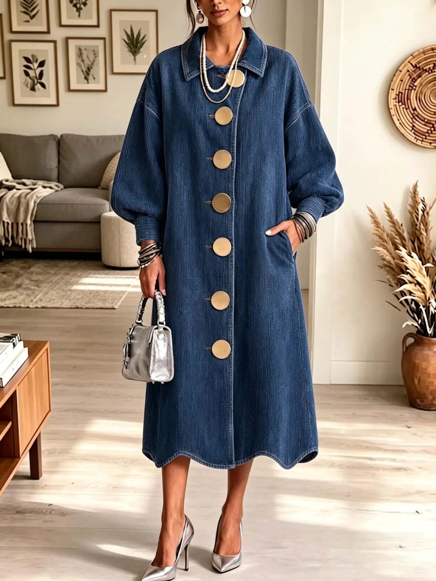 Women's Oversized Gold Button Long Coat Dress