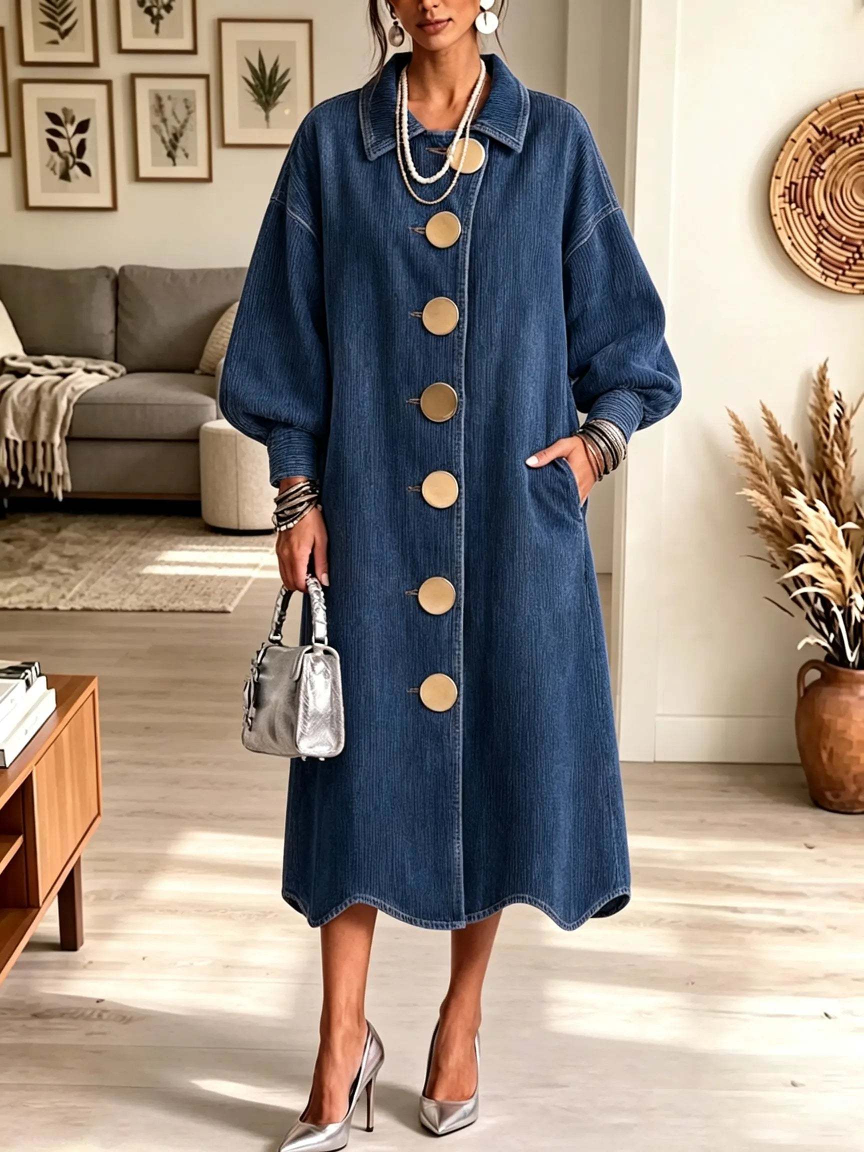 Women's Oversized Gold Button Long Coat Dress